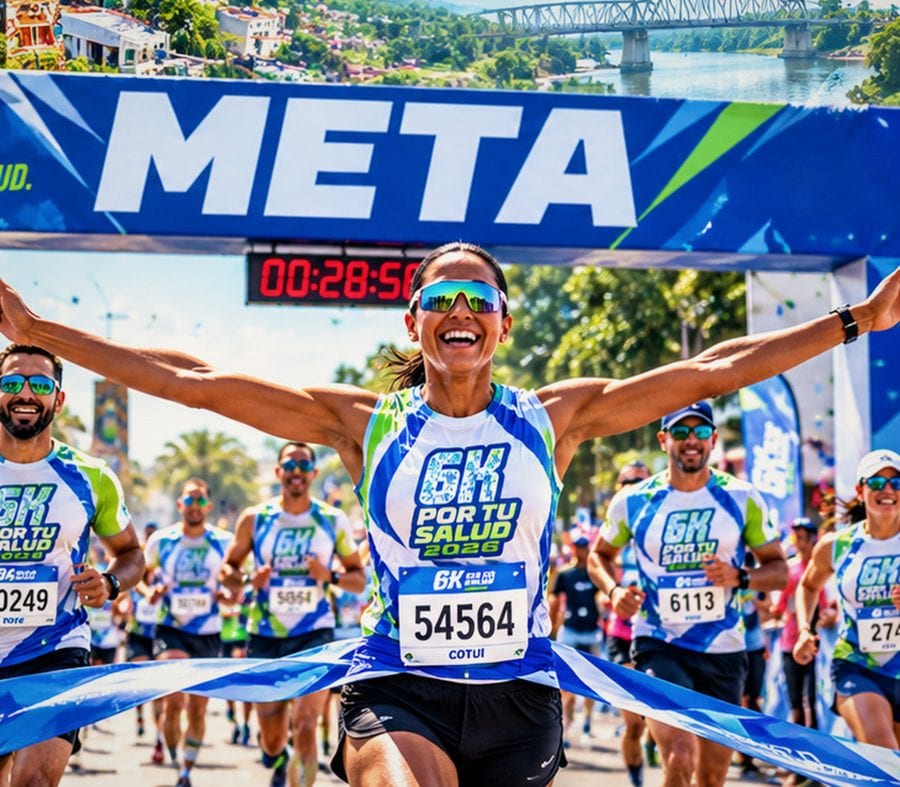 Corredora cruzando la meta del 6K con los brazos abiertos, rodeada de corredores y público
